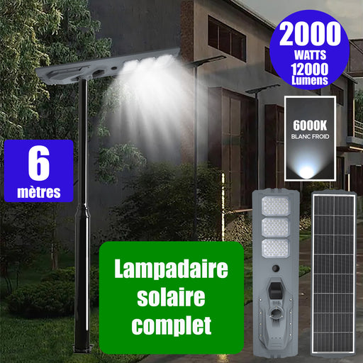 Pack lampadaire complet 6 mètres : Lampe solaire Série STARSHIP ULTRA 8500 - 2000 Watts - 8500 Lumens - 3000K + Mât STANDARD 6 mètres