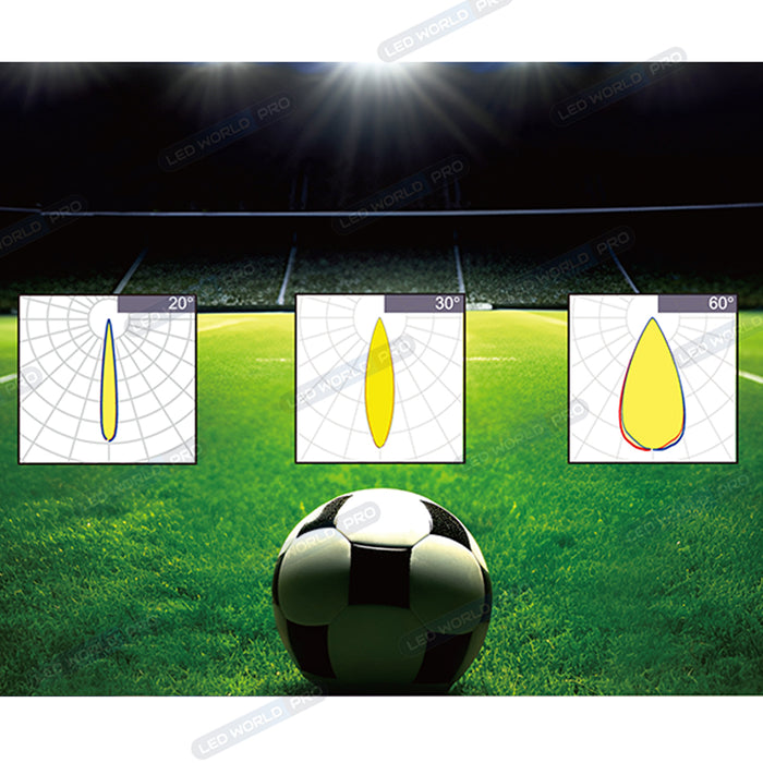 Pack de 4x Projecteurs hautes puissances LED de stade filaire - Série EVOLUTION V2 - 1800 Watts - 306 000 Lumens - 170 Lumens/Watt - Angle 20° / 30° / 60° / 90° / MBP20 / MLP30 / MBP45 / MBP70 au choix - 3000K à 6500K - Visière en option - Garantie 5 ans