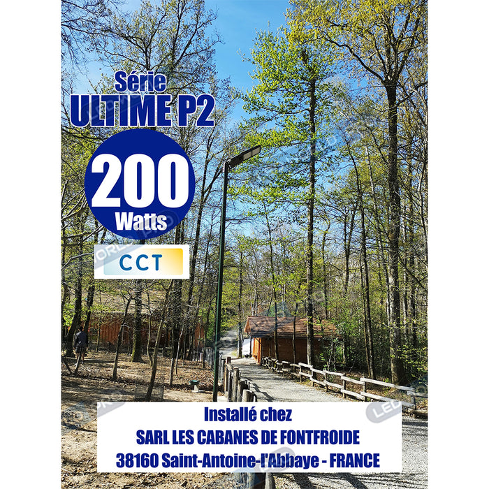 Pack lampadaire complet double tête 6 mètres : 2x Lampes de rue filaire Série ULTIME P2 200 Watts CCT + Mât STANDARD V2 6 mètres - Avec TRAPPE + Double tête de mât en ligne ou perpendiculaire