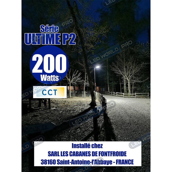 Pack lampadaire complet double tête 6 mètres : 2x Lampes de rue filaire Série ULTIME P2 200 Watts CCT + Mât STANDARD V2 6 mètres - Avec TRAPPE + Double tête de mât en ligne ou perpendiculaire