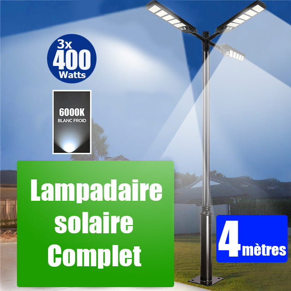 Pack lampadaire solaire complet 4 mètres : Triple Luminaire LED pour Candélabre - Série VIEW V2 - 400 Watts - 2700 Lumens - 6000k + Mât STANDARD 4 mètres + 3x Adaptateurs 60/50 - ajustables + Adaptateur triple tête de mât perpendiculaire