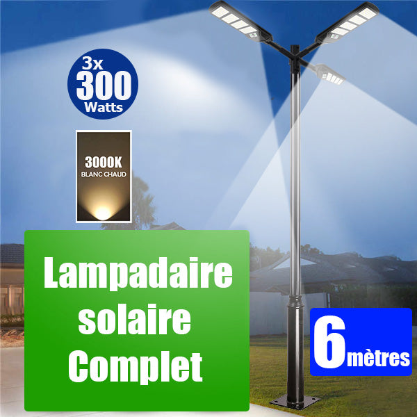 Pack lampadaire solaire complet 6 mètres : Triple Luminaire LED pour Candélabre - Série VIEW V2 - 300 Watts - 2300 Lumens - 3000k + Mât STANDARD 6 mètres + 3x Adaptateurs 60/50 - ajustables + Adaptateur triple tête de mât perpendiculaire