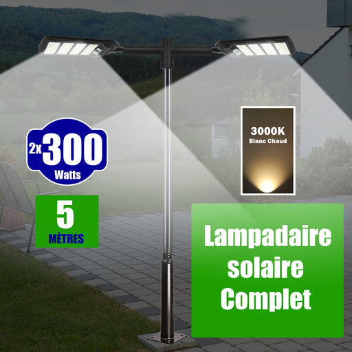 Pack lampadaire solaire complet 5 mètres : Double Luminaire LED pour Candélabre - Série VIEW V2 - 300 Watts - 2300 Lumens - 3000k + Mât STANDARD 5 mètres + 2x Adaptateurs 60/50 - ajustables + Adaptateur double tête de mât en ligne ou perpendiculaire