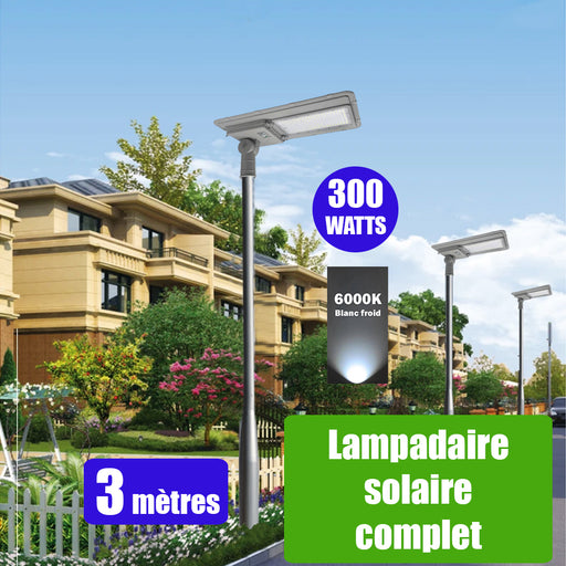 Pack lampadaire solaire complet 3 mètres : Lampadaire LED solaire ajustable - Série FLEX SOLAR - 300 Watts - 2500 Lumens - 6000k + Mât STANDARD V3 - 3 mètres - Couleur Gris