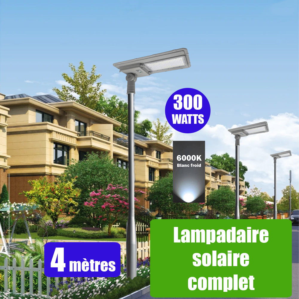 Pack lampadaire solaire complet 4 mètres : Lampadaire LED solaire ajustable - Série FLEX SOLAR - 300 Watts - 2500 Lumens - 6000k + Mât STANDARD V3 - 4 mètres - Couleur Gris