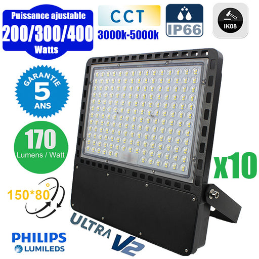 Pack de 10x Projecteurs LED filaires CCT - Série CITY PLUS ULTRA V2 - Puissance ajustable 200 / 300 / 400 Watts - Jusqu'à 68 000 Lumens - 170 Lumens/Watt - Angle 150*80° - IP66 - IK08 - 46 x 41 x 6 cm - Support ajustable 270° - Câble 50cm - Garantie 5 ans