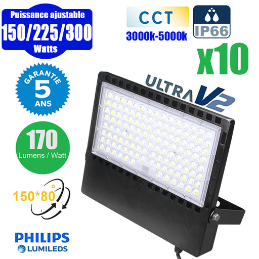 Pack de 10x Projecteurs LED filaires CCT - Série CITY PLUS ULTRA V2 - Puissance ajustable 150/225/300 Watts - Jusqu'à 51 000 Lumens - 170 Lumens/Watt - Angle 150 x 80° - IP66 - IK08 - 40 x 31 x 5 cm - Support ajustable 270° - Câble 50cm - Garantie 5 ans