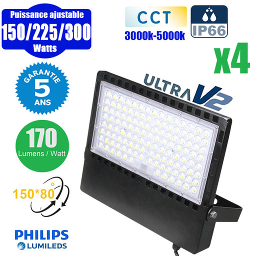 Pack de 4x Projecteurs LED filaires CCT - Série CITY PLUS ULTRA V2 - Puissance ajustable 150/225/300 Watts - Jusqu'à 51 000 Lumens - 170 Lumens/Watt - Angle 150 x 80° - IP66 - IK08 - 40 x 31 x 5 cm - Support ajustable 270° - Câble 50cm - Garantie 5 ans