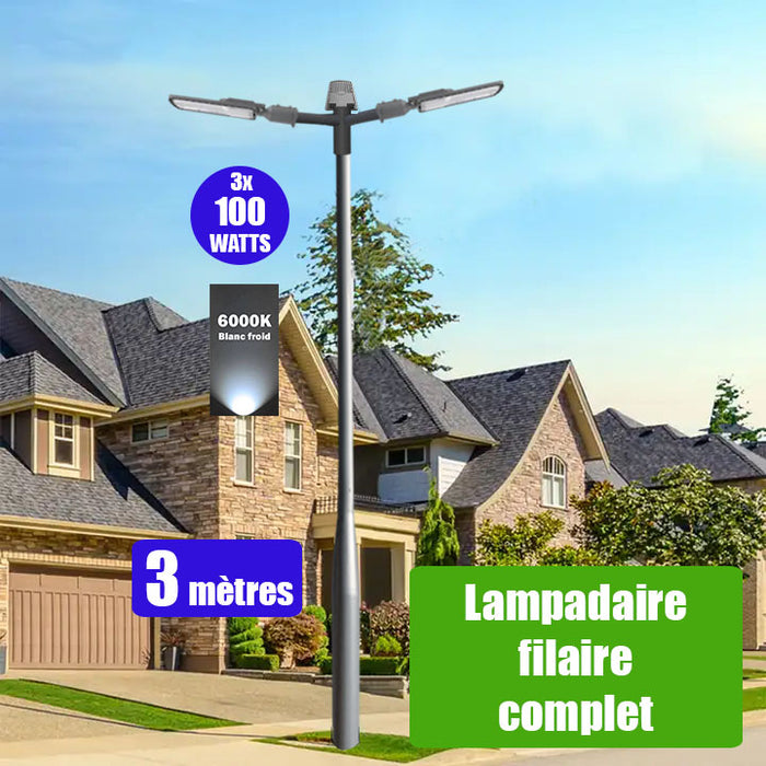 Pack lampadaire filaire complet triple tête 3 mètres : 3x Lampes de rue filaire - Série FLEX ECO - 100 Watts - 6000k + Mât STANDARD V3 - 3 mètres - Couleur Gris + Triple tête de mât perpendiculaire + 3x Adaptateurs 60/50 ajustable