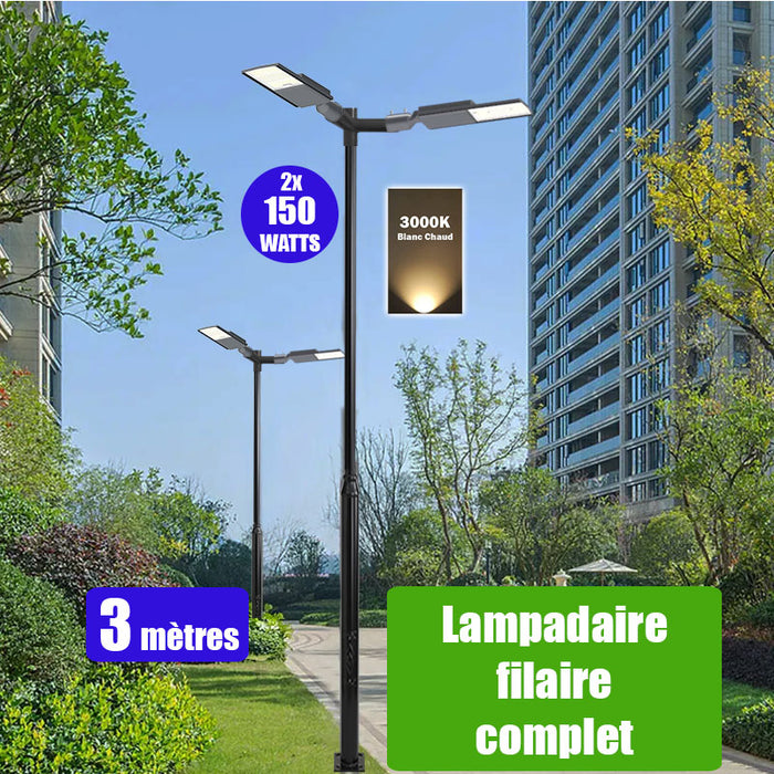 Pack lampadaire complet double tête 3 mètres : 2x Lampes LED filaires Série FLEX V2 - 150 Watts - 3000k + Mât STANDARD - 3 mètres avec trappe + Double tête de mât en ligne ou perpendiculaire
