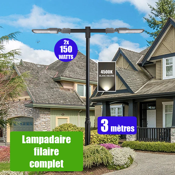 Pack lampadaire filaire complet double tête 3 mètres : 2x Lampes de rue filaire - Série FLEX ECO - 150 Watts - 4500k + Mât STANDARD - 3 mètres avec trappe + Double tête de mât en ligne ou perpendiculaire