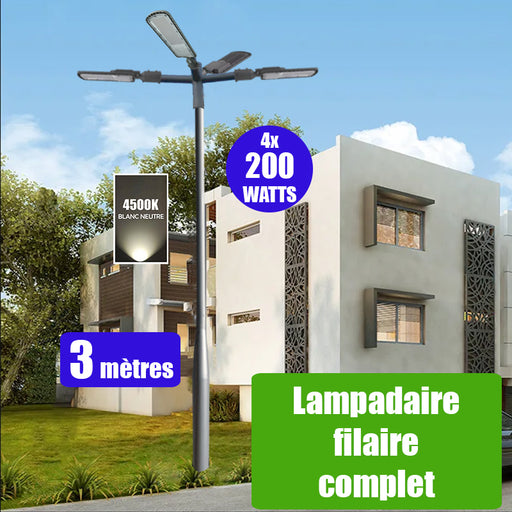 Pack lampadaire filaire complet quadruple tête 3 mètres : 4x Lampes de rue filaire - Série FLEX ECO - 200 Watts - 4500k + Mât STANDARD V3 - 3 mètres - Couleur Gris + Quadruple tête de mât perpendiculaire