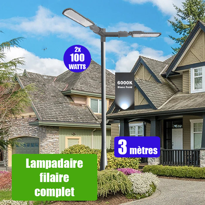 Pack lampadaire filaire complet double tête 3 mètres : 2x Lampes de rue filaire - Série FLEX ECO - 100 Watts - 6000k + Mât STANDARD V3 - 3 mètres - Couleur Gris + Double tête de mât en ligne ou perpendiculaire + 2x Adaptateurs 60/50 ajustable