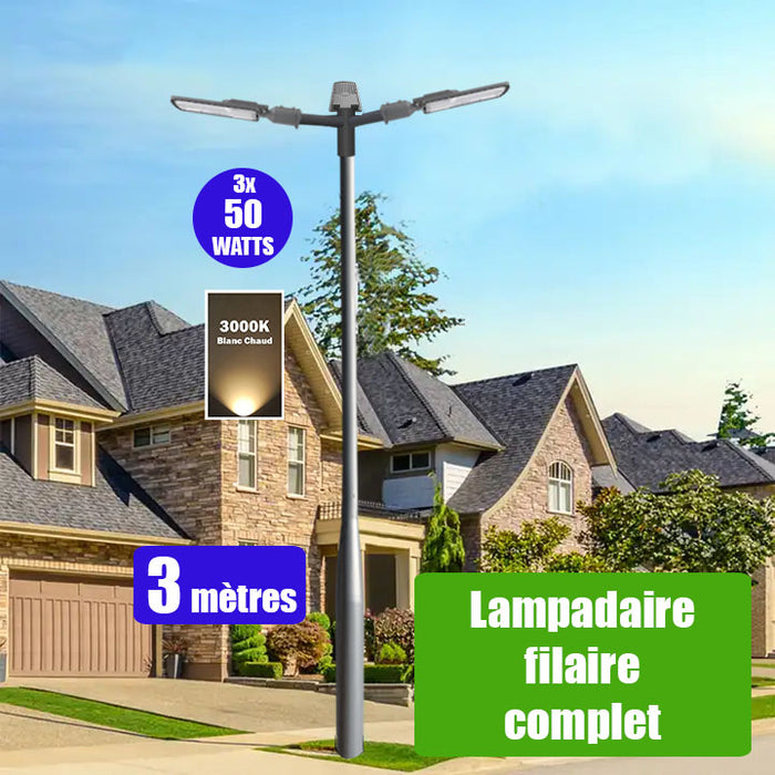 Pack lampadaire filaire complet triple tête 3 mètres : 3x Lampes de rue filaire - Série FLEX ECO - 50 Watts - 3000k + Mât STANDARD V3 - 3 mètres - Couleur Gris + Triple tête de mât perpendiculaire + 3x Adaptateurs 60/50 ajustable