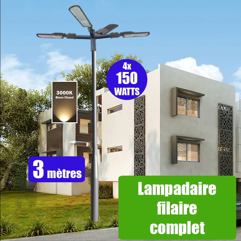 Pack lampadaire filaire complet quadruple tête 3 mètres : 4x Lampes de rue filaire - Série FLEX ECO - 150 Watts - 3000k + Mât STANDARD V3 - 3 mètres - Couleur Gris + Quadruple tête de mât perpendiculaire