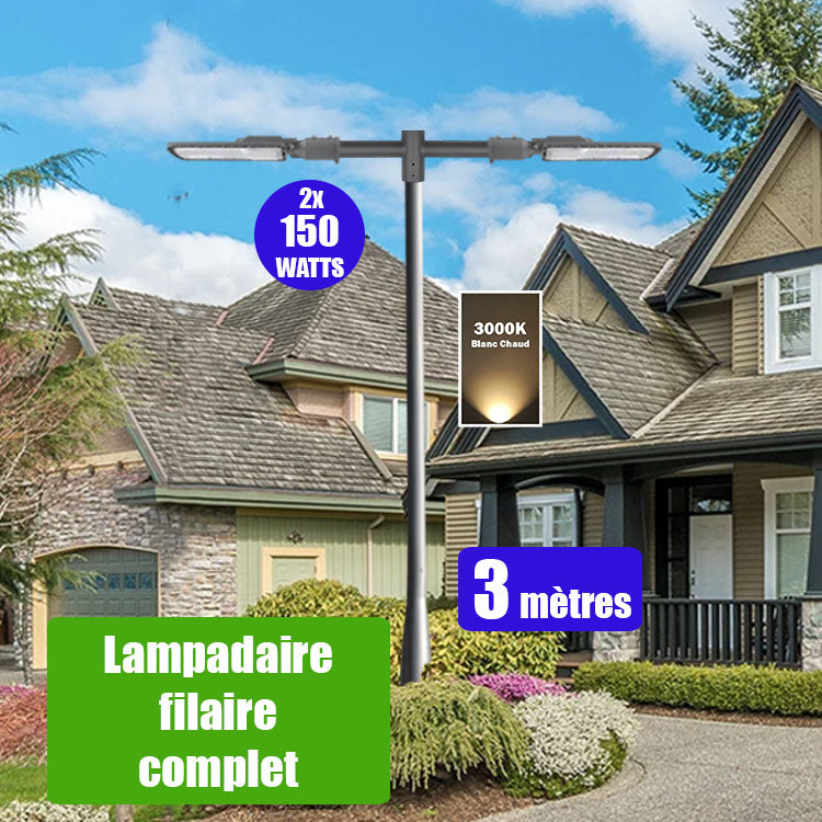 Pack lampadaire filaire complet double tête 3 mètres : 2x Lampes de rue filaire - Série FLEX ECO - 150 Watts - 3000k + Mât STANDARD V3 - 3 mètres - Couleur Gris + Double tête de mât en ligne ou perpendiculaire