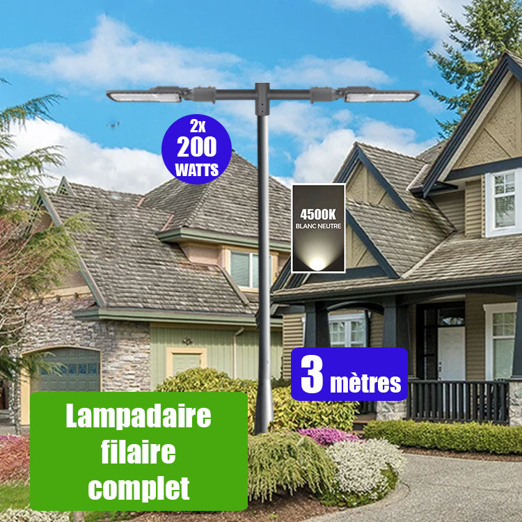 Pack lampadaire filaire complet double tête 3 mètres : 2x Lampes de rue filaire - Série FLEX ECO - 200 Watts - 4500k + Mât STANDARD V3 - 3 mètres - Couleur Gris + Double tête de mât en ligne ou perpendiculaire