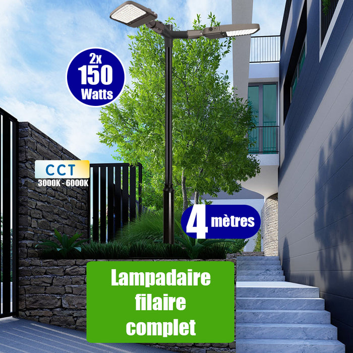 Pack lampadaire complet double tête 4 mètres : 2x Lampes de rue filaires Série ULTIME P2 - 150 Watts - CCT + Mât STANDARD - 4 mètres avec trappe + Double tête de mât en ligne ou perpendiculaire