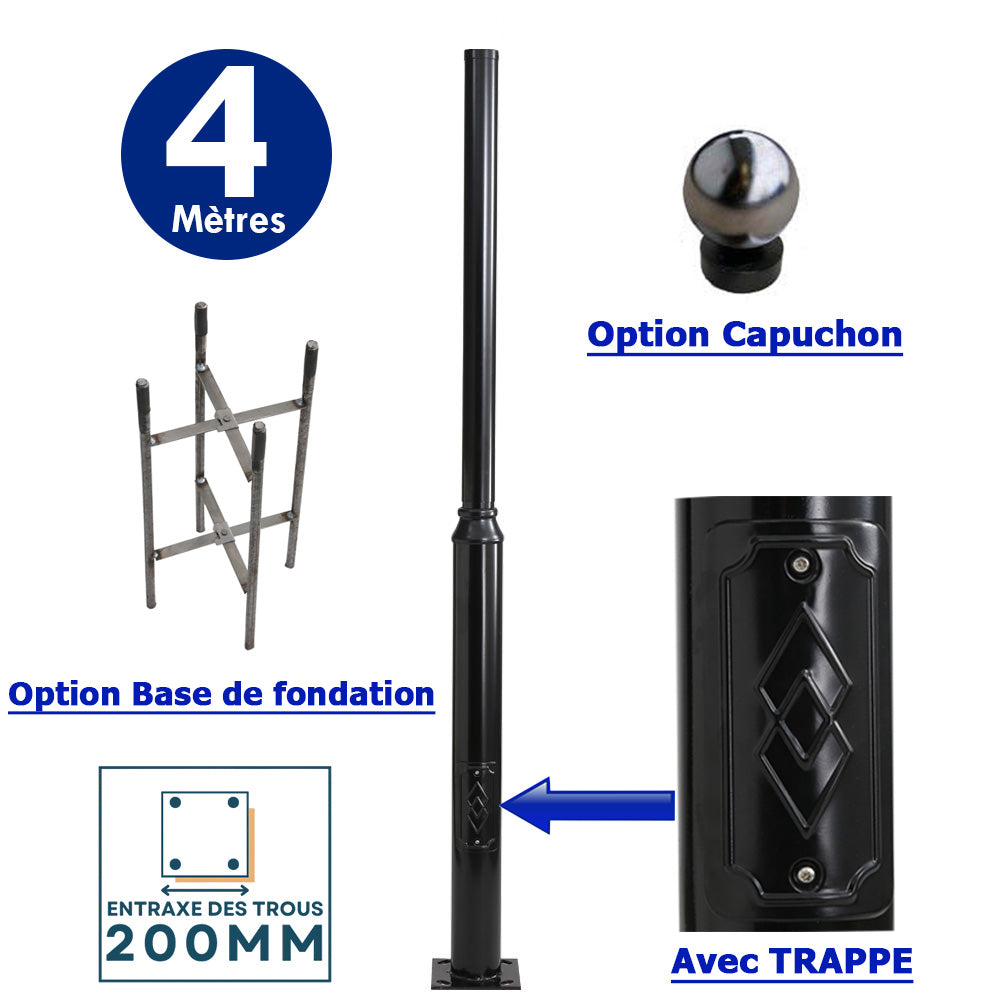 Mât / Poteau pour lampe de rue - Série STANDARD V2 EVO avec TRAPPE - Vis antivol - 4 mètres - Entraxe latéral des trous 200mm - Couleur Noir - Base de fondation et capuchon en option