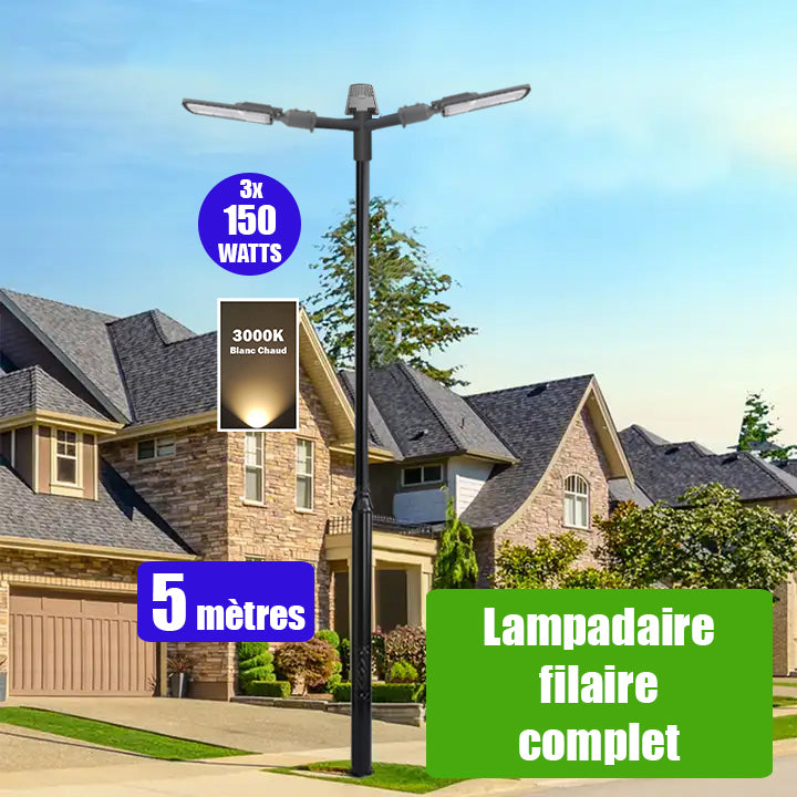 Pack lampadaire filaire complet triple tête 5 mètres : 3x Lampes de rue filaire - Série FLEX ECO - 150 Watts - 3000k + Mât STANDARD - 5 mètres avec trappe + Triple tête de mât perpendiculaire