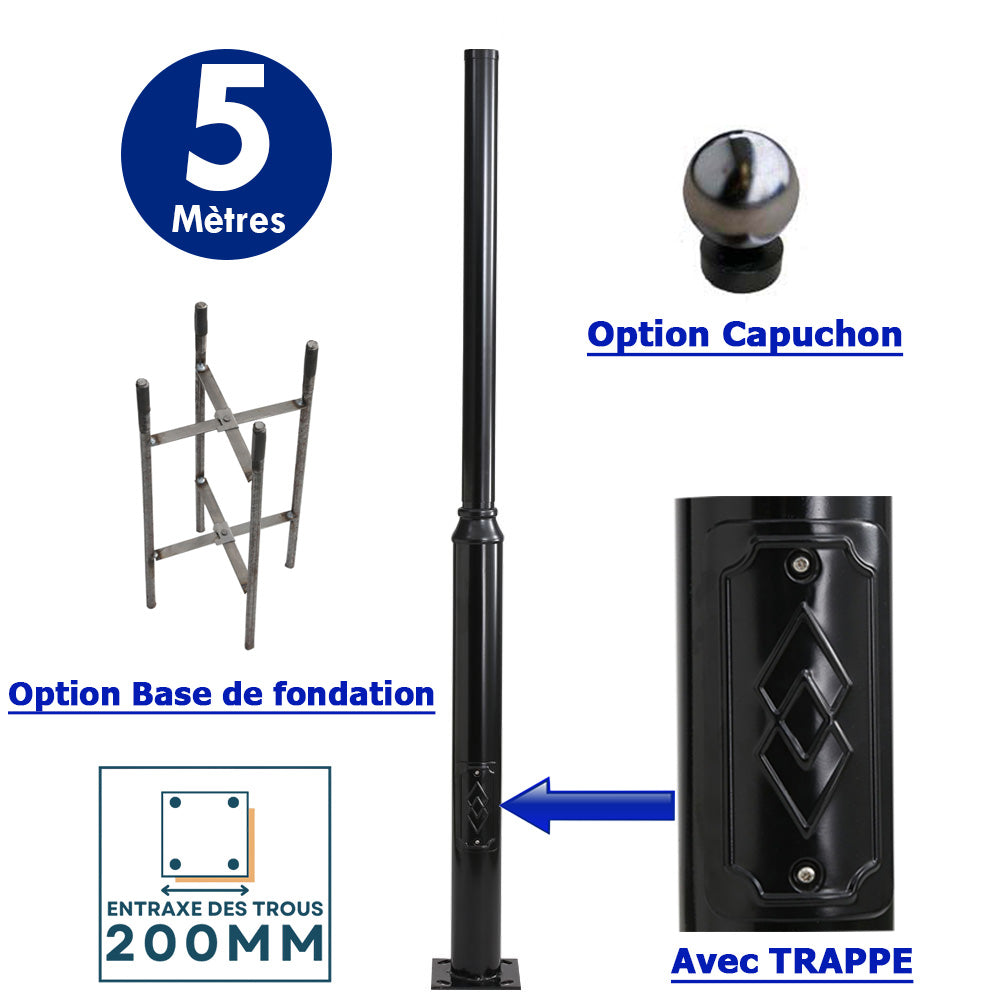 Mât / Poteau pour lampe de rue - Série STANDARD V2 EVO avec TRAPPE - Vis antivol - 5 mètres - Entraxe latéral des trous 200mm - Couleur Noir - Base de fondation et capuchon en option