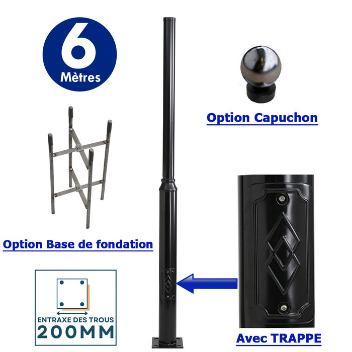 Mât / Poteau pour lampe de rue - Série STANDARD V2 EVO avec TRAPPE - Vis antivol - 6 mètres - Entraxe latéral des trous 200mm - Couleur Noir - Base de fondation incluse - Tête de mât et capuchon en option