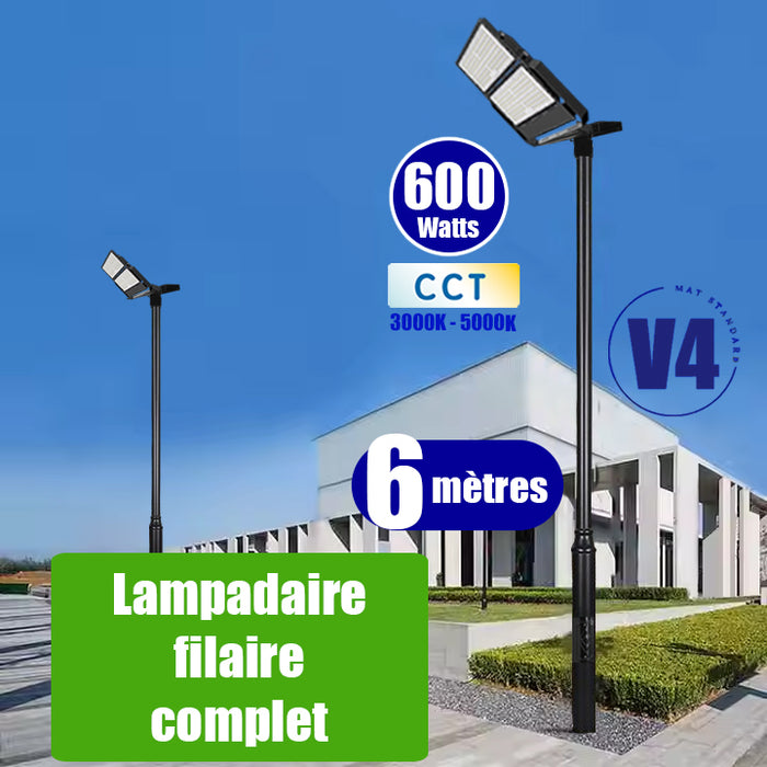 Pack lampadaire filaire complet 6 mètres : Projecteur LED filaire Série CITY PLUS ULTRA V2 600 Watts CCT + Mât STANDARD V4 EVO - 6 mètres avec trappe + Tête de mât rectangulaire