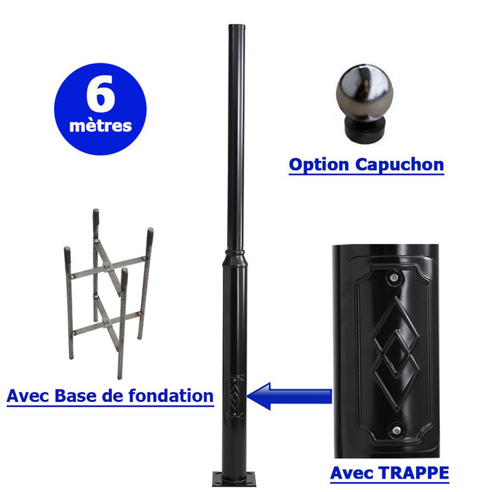 Mât / Poteau pour lampe de rue - Série STANDARD V2 avec TRAPPE - Vis antivol - 6 mètres - Couleur Noir - Base de fondation incluse - Tête de mât et capuchon en option