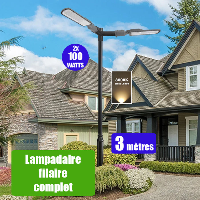 Pack lampadaire filaire complet double tête 3 mètres : 2x Lampes de rue filaire - Série FLEX ECO - 100 Watts - 3000k + Mât STANDARD - 3 mètres avec trappe + Double tête de mât en ligne ou perpendiculaire + 2x Adaptateurs 60/50 ajustable