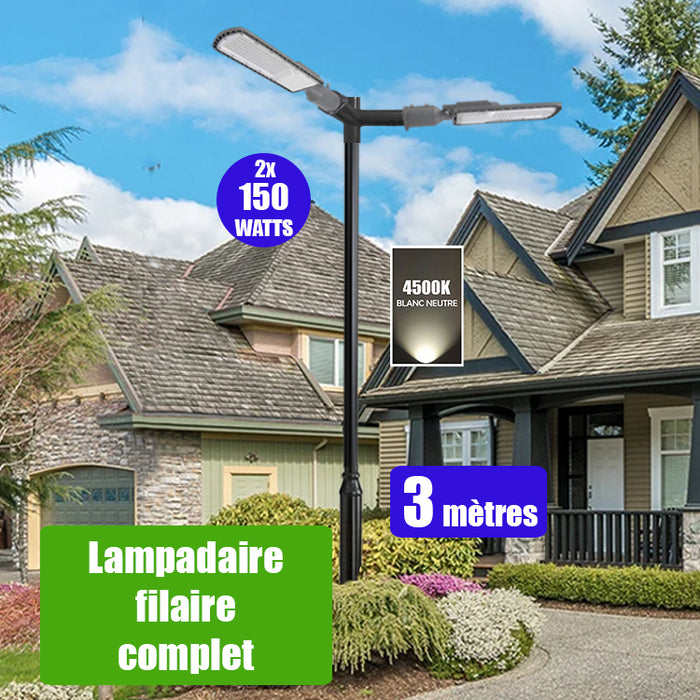 Pack lampadaire filaire complet double tête 3 mètres : 2x Lampes de rue filaire - Série FLEX ECO - 150 Watts - 4500k + Mât STANDARD - 3 mètres avec trappe + Double tête de mât en ligne ou perpendiculaire