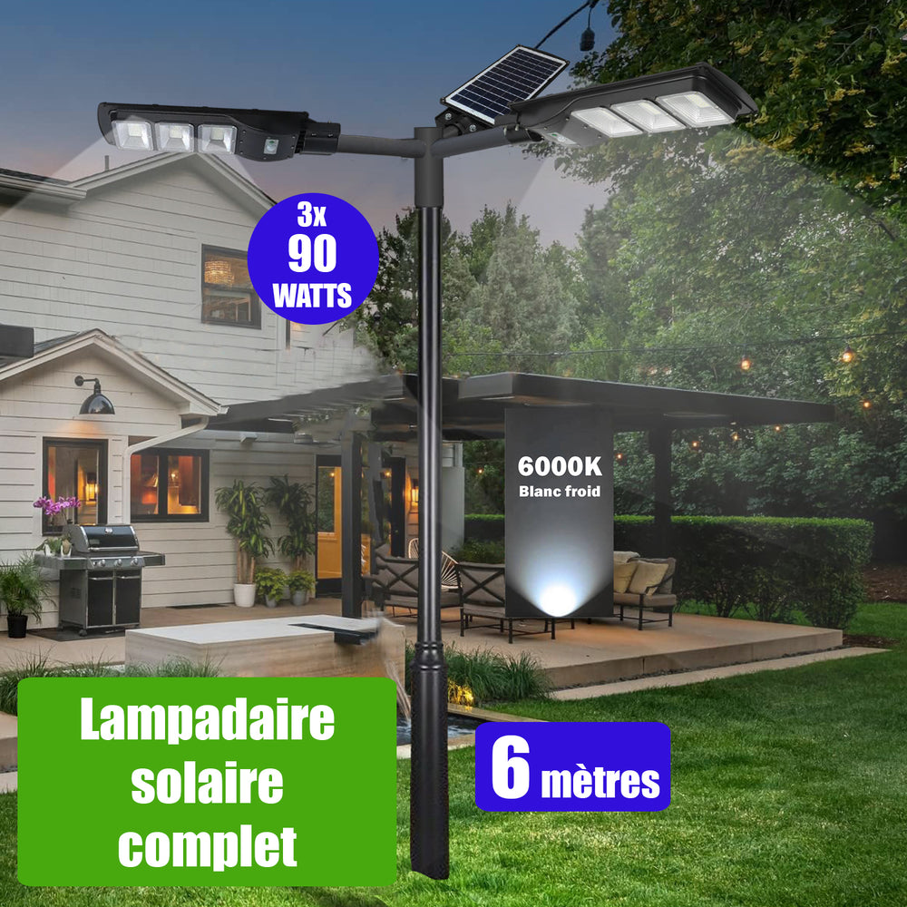 Pack lampadaire solaire complet triple tête 6 mètres : 3x Solaires - Luminaires LED pour Candélabre / Lampe de rue et parking - Série VIEW - 90 Watts - 6000K + Mât STANDARD 6 mètres + Triple tête de mât perpendiculaire + Adaptateur 60/50mm