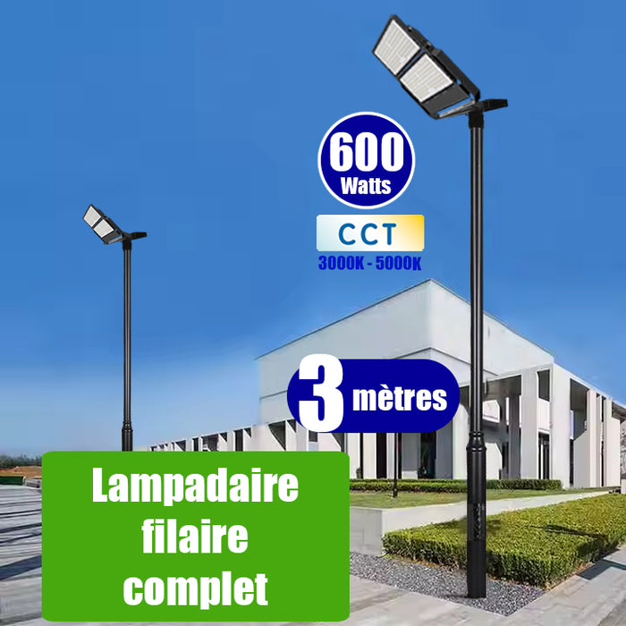 Pack lampadaire filaire complet 3 mètres : Projecteur LED filaire Série CITY PLUS ULTRA V2 600 Watts CCT + Mât STANDARD - 3 mètres avec trappe au choix (Série STANDARD V2 EVO ou Série STANDARD V4 EVO) + Tête de mât rectangulaire