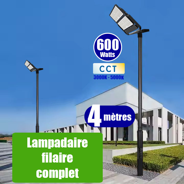 Pack lampadaire filaire complet 4 mètres : Projecteur LED filaire Série CITY PLUS ULTRA V2 600 Watts CCT + Mât STANDARD V2 - 4 mètres avec trappe + Tête de mât rectangulaire