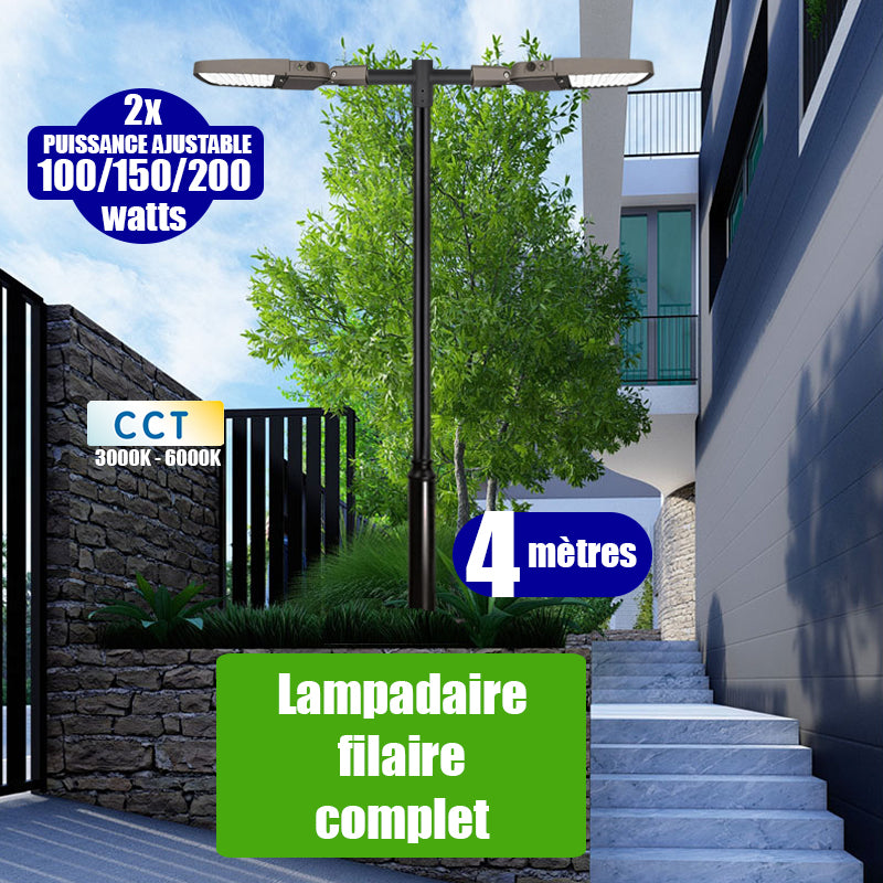 Pack lampadaire filaire complet double tête 4 mètres : 2x Lampes de rue filaires Série ULTIME P2 - Puissance ajustable 100 / 150 / 200 Watts - CCT + Mât STANDARD - 4 mètres avec trappe + Double tête de mât en ligne ou perpendiculaire