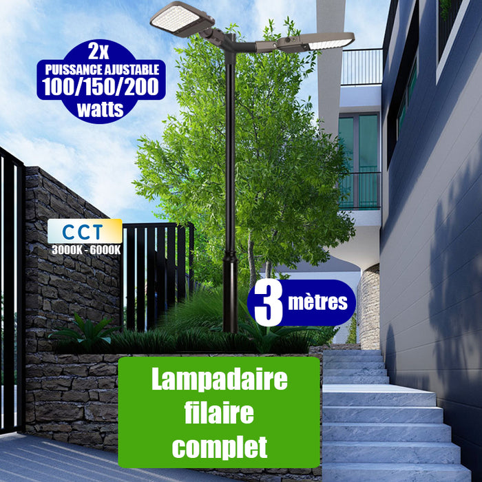 Pack lampadaire filaire complet double tête 3 mètres : 2x Lampes de rue filaires Série ULTIME P2 - Puissance ajustable 100 / 150 / 200 Watts - CCT + Mât STANDARD - 3 mètres avec trappe + Double tête de mât en ligne ou perpendiculaire