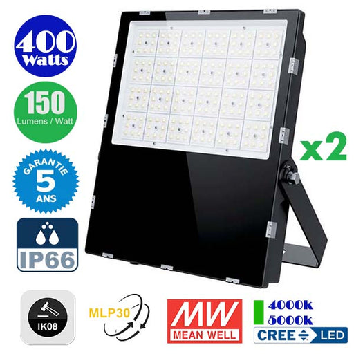 Pack de 2x Projecteurs LED hautes puissances - Série CITY PLUS EVO 400 Watts - 60 000 Lumens - 150 Lumens/Watt - Angle  MLP30 - IP66 - IK08 - 50 x 41 x 7 cm - Transformateur MEANWELL - 4000k / 5000k - Garantie 5 ans