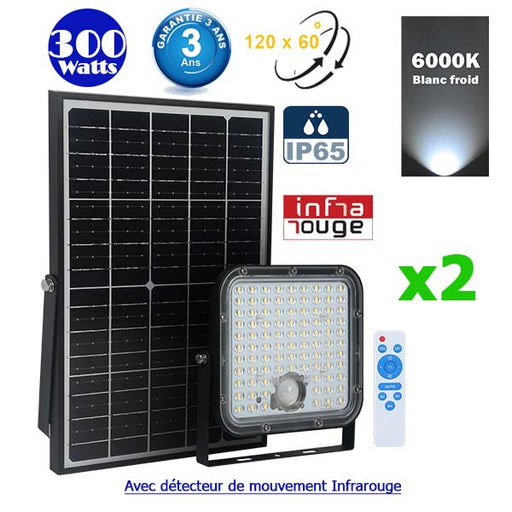 Projecteurs LED 300W avec panneaux solaires, panneau solaire 35,5W,  batterie 30AH, 3000 lumens