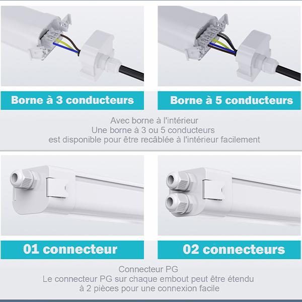 Pack de 6x Réglettes LED étanches connectables - Série EASY-LINK - Version HAUT RENDEMENT - 60 Watts - 8400 Lumens - 140 Lumens/Watt - 150 x 7 x 6 cm - Angle 120° - IP65 - 4000k / 5000k - Transformateur TRIDONIC - Garantie 5 ans